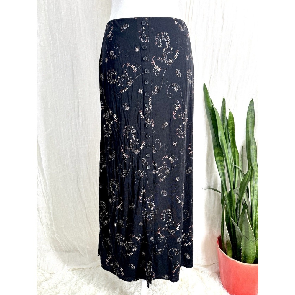 Vtg Dark Floral Maxi Skirt M Fairy Grunge Whimsigoth 90s Y2K Slinky Stretch Long